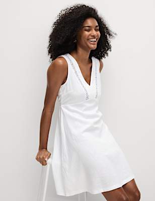 Linen Rich V-Neck Mini Shift Dress