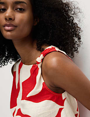 Linen Rich Printed Twist One Shoulder Top