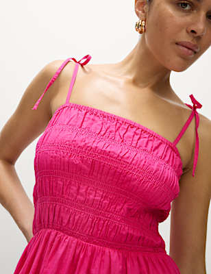 Pure Cotton Square Neck Shirred Midi Cami Dress