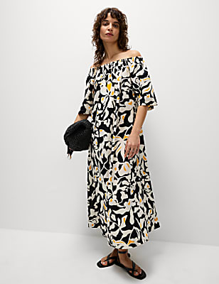 Pure Cotton Printed Bardot Midaxi Dress
