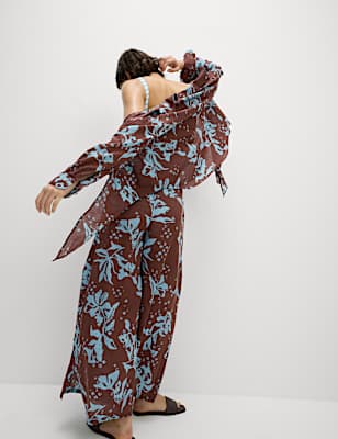 Pure Cotton Floral Elasticated Waist Wide Leg Trousers