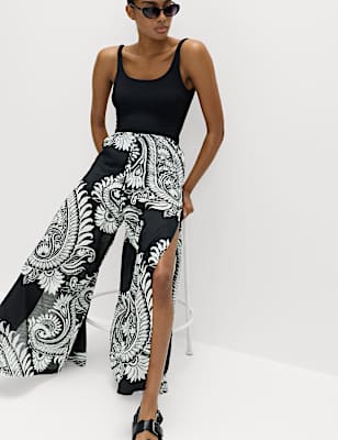Pure Cotton Floral Elasticated Waist Wide Leg Trousers