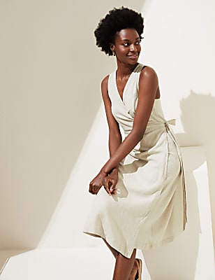 Linen Rich V-Neck Tie Waist Midi Wrap Dress