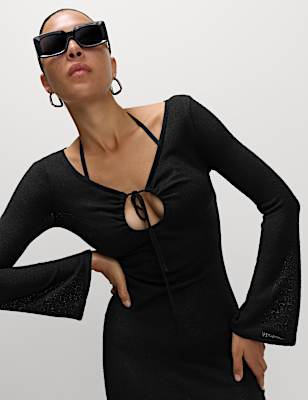 Knitted V-Neck Tie Detail Maxi Beach Dress