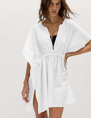 Pure Cotton Tie Detail Mini Kaftan Dress