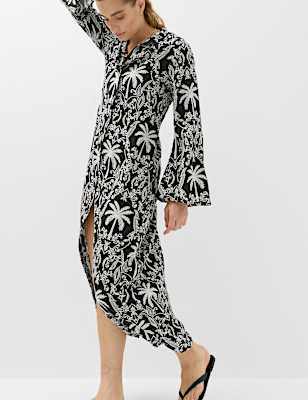 Linen Lyocell Blend Printed Midi Shirt Dress