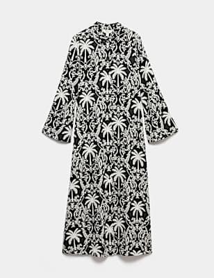Linen Lyocell Blend Printed Midi Shirt Dress