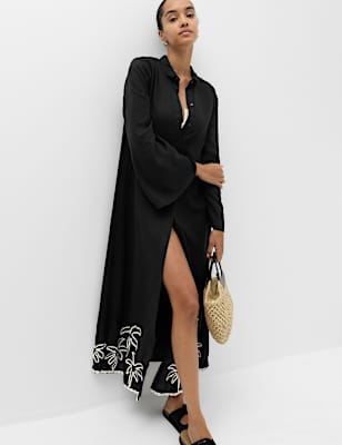 Linen Rich Palm Tree Collared Midi Shirt Dress