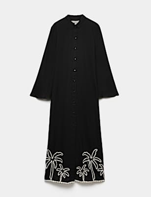Linen Rich Palm Tree Collared Midi Shirt Dress