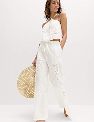 Pure Cotton Textured Broderie Beach Trousers