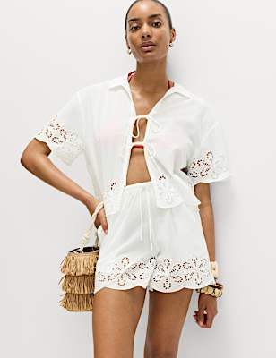 Pure Cotton Broderie Tie Front Beach Shirt