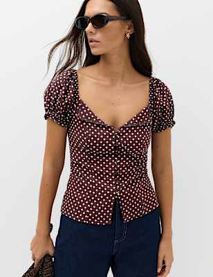 Linen Rich Polka Dot Square Neck Top