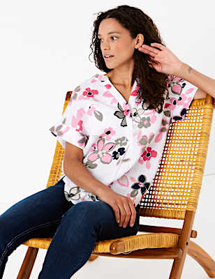 Pure Linen Floral V-Neck Blouse