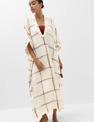 Checked Midi Kaftan Beach Dress with Linen