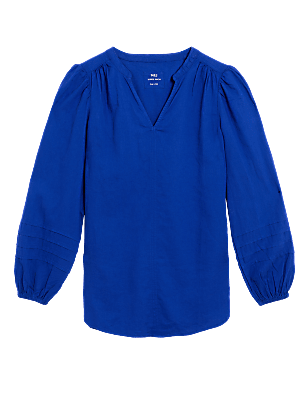 Linen Rich V-Neck Blouson Sleeve Blouse