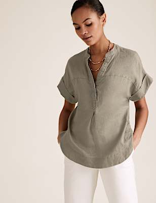 Pure Linen V-Neck Short Sleeve Blouse