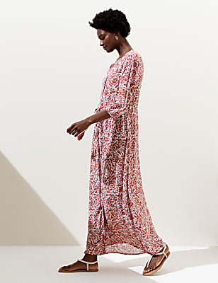 Printed V-Neck Tie Waist Maxi Beach Dress