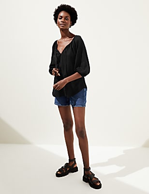 Linen Rich Tie Neck Blouse