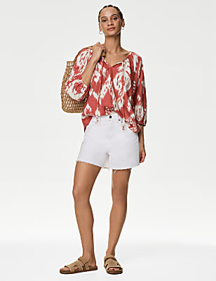 Linen Rich Printed Tie Neck Blouse