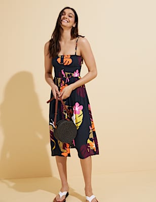 Floral Midi Shirred Beach Dress