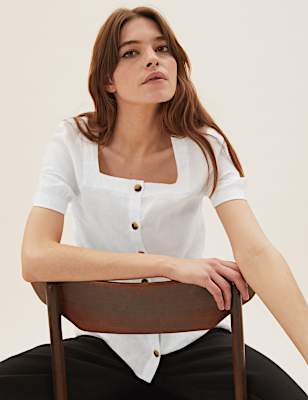 Pure Flax Linen Plain Square Neck Top