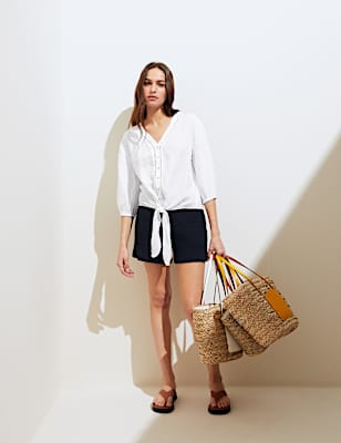 Pure Linen Tie Front 3/4 Sleeve Blouse