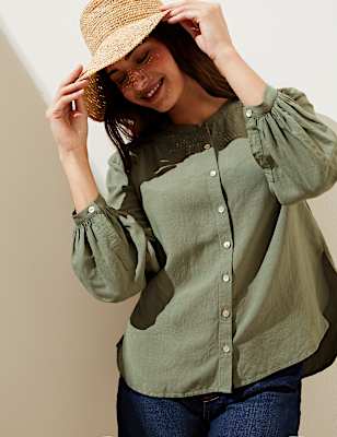 Linen Blend Collarless Long Sleeve Blouse