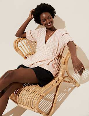 Linen Rich Checked Short Sleeve Blouse