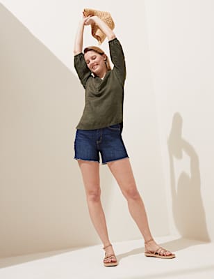 Pure Linen Collarless 3/4 Sleeve Blouse