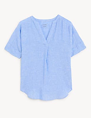 Pure Linen Short Sleeve Popover Blouse