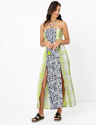 Snake & Leaf Print Shirred Maxi Beach Dress