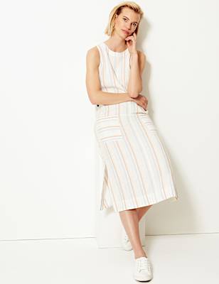 Striped Shift Midi Dress with Linen