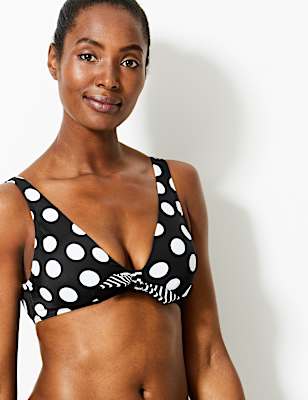 Spot Print Front Tie Plunge Bikini Top