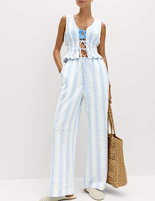 Pure Cotton Striped Beach Trousers