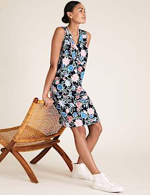 Linen Blend Floral V-Neck Shift Dress