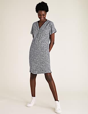 Linen Blend Leaf Print Mini Shift Dress