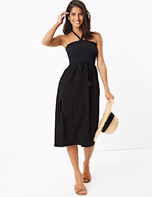 Pure Cotton Woven Shirred Midi Beach Dress