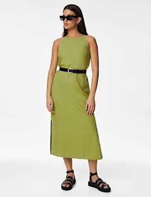 Linen Rich High Neck Midi Slip Dress