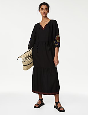 Linen Blend Embroidered Midi Beach Dress