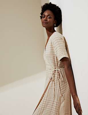 Linen Blend Checked Midi Wrap Dress