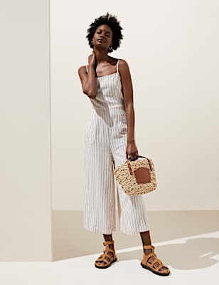 Linen Rich Striped Square Neck Jumpsuit