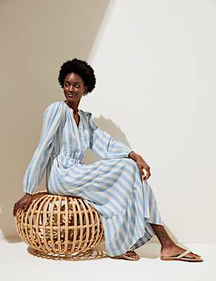 Linen Blend Striped Maxi Tiered Dress