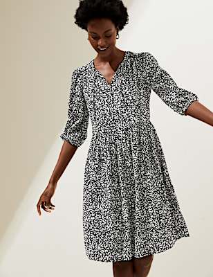 Linen Blend Printed Mini Tiered Dress