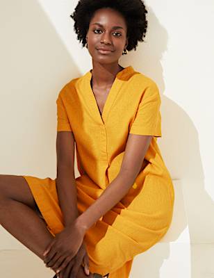 Linen Rich V-Neck Short Sleeve Shift Dress