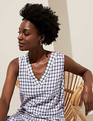 Linen Blend Checked V-Neck Midi Shift Dress