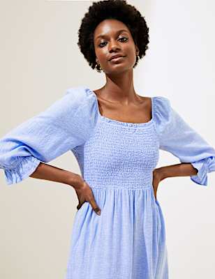 Linen Blend Shirred Midi Smock Dress