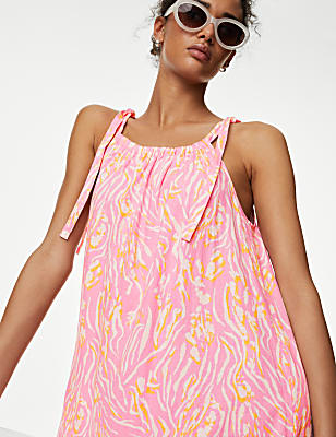 Linen Blend Animal Print Maxi Tiered Dress