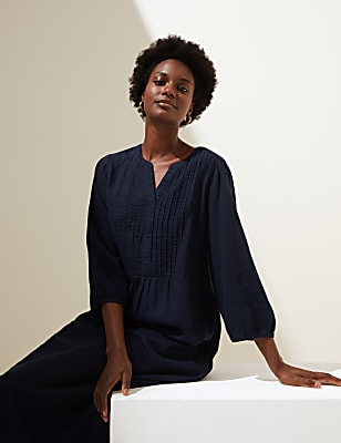 Linen Blend V-Neck Midi Waisted Dress