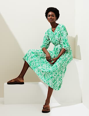 Linen Blend Printed V-Neck Midi Dress