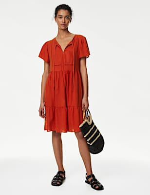 Linen Blend Tie Neck Mini Tiered Dress